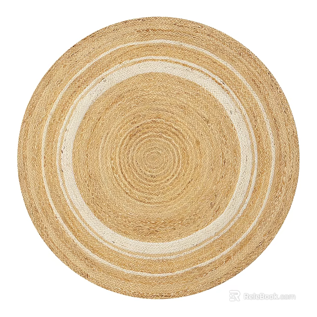 Round Woven Natural Fiber Rug with Beige and White Circular Pattern for Home Decor 3d model 