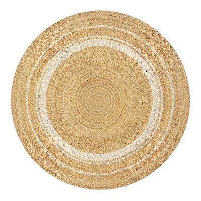 Round Woven Natural Fiber Rug with Beige and White Circular Pattern for Home Decor 3d model