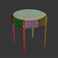 Round Striped Cushion Stool With Black Trim And Brown Wooden Legs