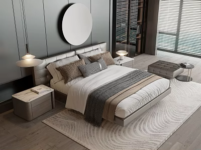 Modern Double Bed in Bedroom with Round Mirror Bedside Tables Lamps Pillows and Gray Rug 3d model