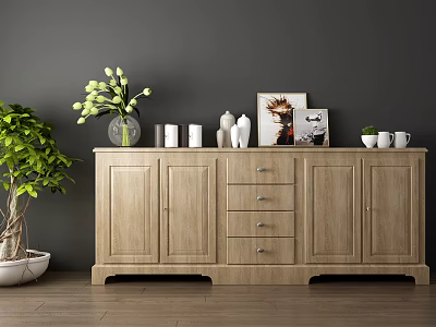 Wooden Sideboard with Vases Cups Artwork and Green Plant in Modern Interior 3d model