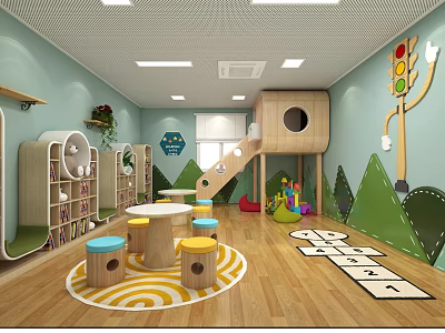 Kindergarten Interior With Light Blue Walls Green Mountain Decor Round Tables Wooden Slide And Playhouse 3d model