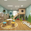 Kindergarten Interior With Light Blue Walls Green Mountain Decor Round Tables Wooden Slide And Playhouse