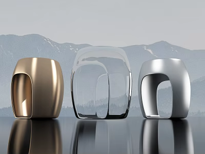 Modern Single Chair in Gold Transparent and Silver with Sleek Reflective Surface Against Mountain Backdrop 3d model