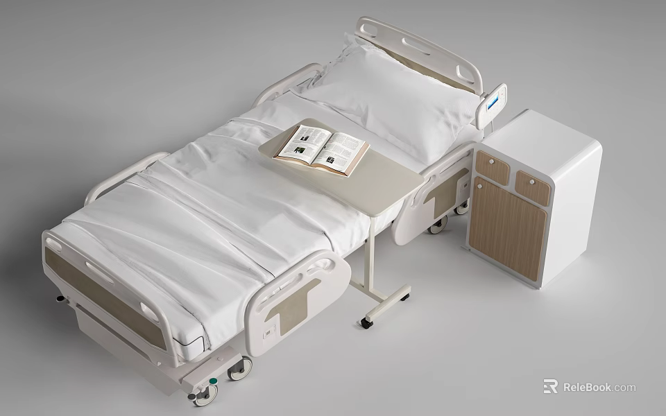 Modern Hospital Bed with White Sheets Movable Tray Table Open Book and Wheeled Nightstand 3d model 
