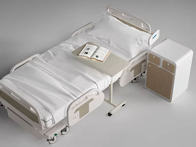 Modern Hospital Bed with White Sheets Movable Tray Table Open Book and Wheeled Nightstand 3d model