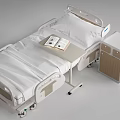 Modern Hospital Bed with White Sheets Movable Tray Table Open Book and Wheeled Nightstand