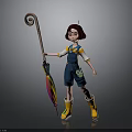Animated Girl with Short Red Hair Blue Overalls Yellow Rain Boots Holding Colorful Umbrella 3D