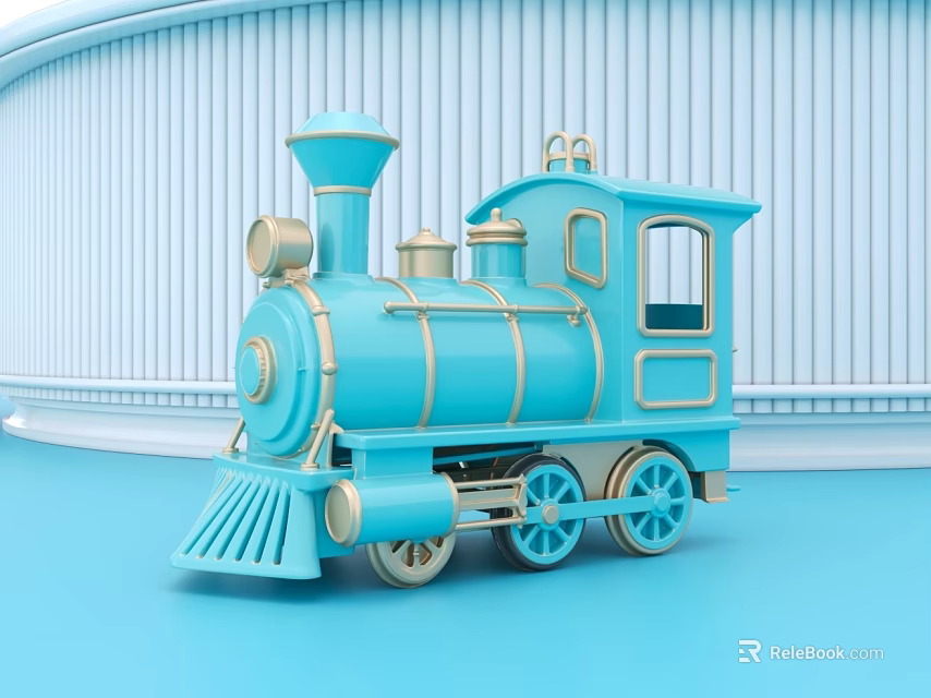 Blue Vintage Toy Train With Light Blue Wavy Wall And Blue Floor 3d model 