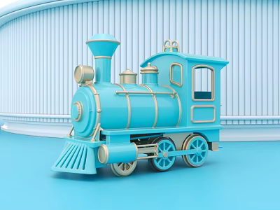Blue Vintage Toy Train With Light Blue Wavy Wall And Blue Floor 3d model