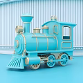 Blue Vintage Toy Train With Light Blue Wavy Wall And Blue Floor