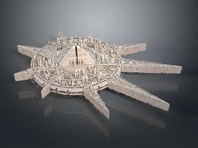 Cartoon Scene Featuring Central Pyramid With Radial Mechanical Structures And Light Colored Reflective Design 3d model