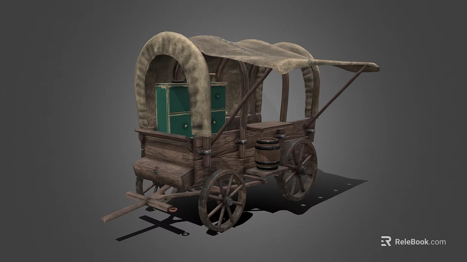 Classic Wooden Covered Wagon with Green Storage Cabinets Wooden Barrel and Wooden Wheels 3d model 
