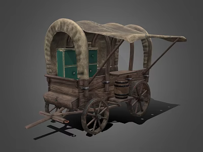 Classic Wooden Covered Wagon with Green Storage Cabinets Wooden Barrel and Wooden Wheels 3d model
