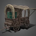 Classic Wooden Covered Wagon with Green Storage Cabinets Wooden Barrel and Wooden Wheels