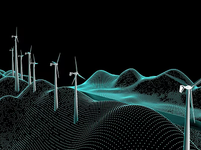 Modern Wind Turbine Tower Structure With Wavy Terrain And Dot Patterns On Black Background 3d model