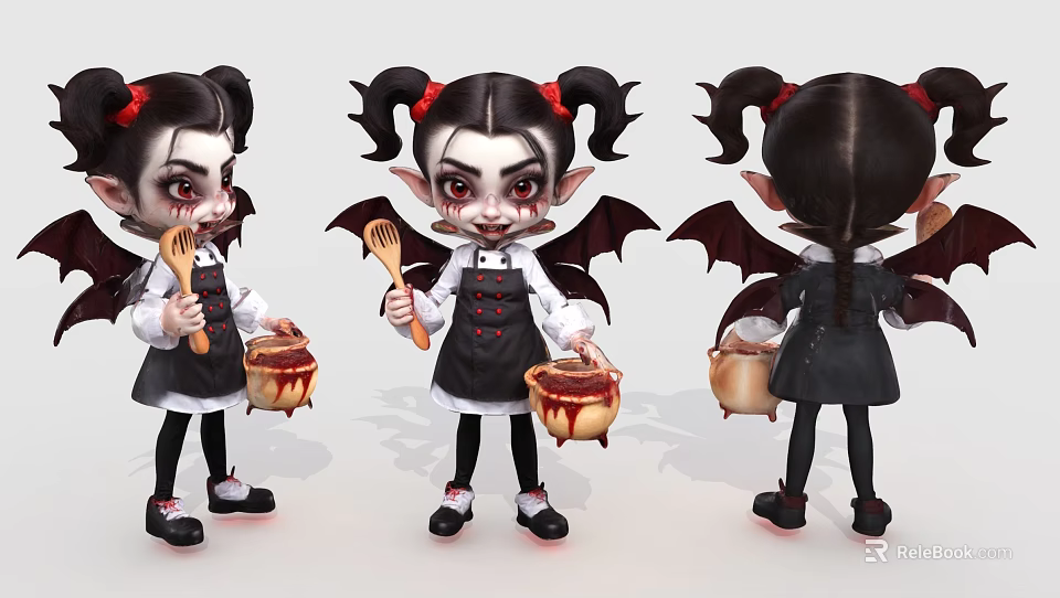 Cartoon Game Movie Character With Pigtails Red Bows Black Wings Holding Whisk And Pot 3d model 