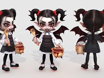 Cartoon Game Movie Character With Pigtails Red Bows Black Wings Holding Whisk And Pot 3d model