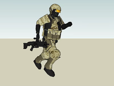 Game And Movie Character In Camouflage Uniform With Helmet Goggles Running Across Desert Holding Gun 3d model