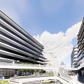Modern Symmetrical Office Building Exterior with Glass Curtain Walls Entrance and Blue Sky