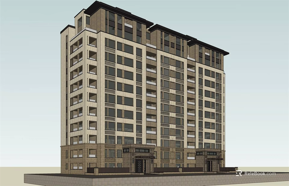 Modern High Rise Building Facade With Multiple Windows And Main Entrance 3d model