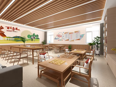 Traditional Chinese Classroom With Wooden Tables Chairs Baijia Zhengming Posters And Green Plants 3d model