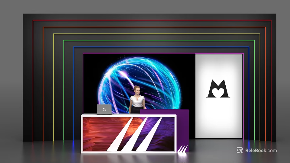 Modern Reception Desk Featuring Colorful Neon Lines Illuminated Sphere And Logo Panel 3d model 