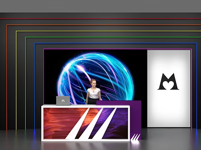 Modern Reception Desk Featuring Colorful Neon Lines Illuminated Sphere And Logo Panel 3d model