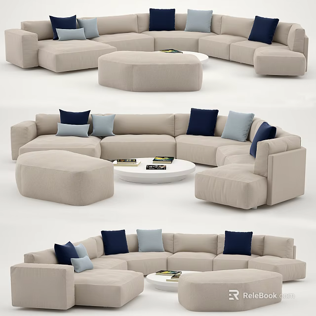 Beige Sectional Sofa With Navy Blue Light Blue Pillows And Round Coffee Table 3d model