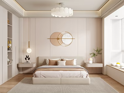 Modern Minimalist Bedroom Interior With Bed Circular Mirror White Chandelier And Natural Light 3d model