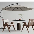 Outdoor Wooden Table and Chair Set with Curved Umbrella Small Round Table and Green Plant