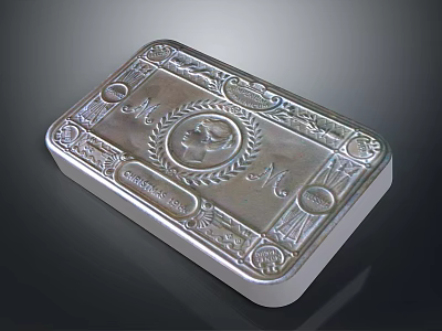 Ornate Engraved Silver Bar With Intricate Central Emblem And Decorative Patterns 3d model