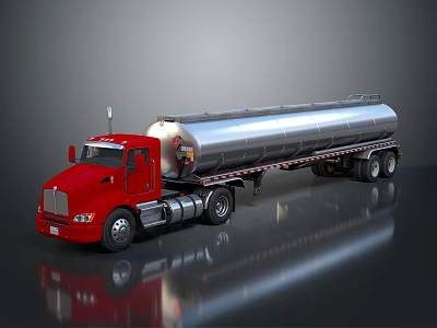 Red Tanker Truck With Silver Cylindrical Tank On Shiny Reflective Surface 3d model