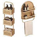 Stylish Bathroom Accessories Including Rattan Shelves Towel Racks Storage Baskets Fragrance Bottles And Decorative Plants