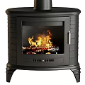 Freestanding Black Steel Fireplace With Burning Logs And Bright Flames Indoors