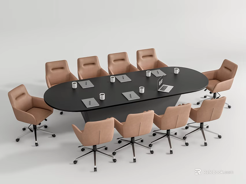 Modern Black Oval Conference Table Surrounded By Brown Office Chairs With Laptops Cups 3d model 