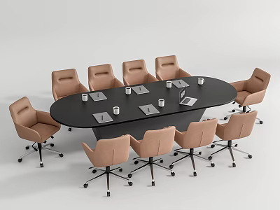 Modern Black Oval Conference Table Surrounded By Brown Office Chairs With Laptops Cups 3d model