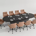 Modern Black Oval Conference Table Surrounded By Brown Office Chairs With Laptops Cups