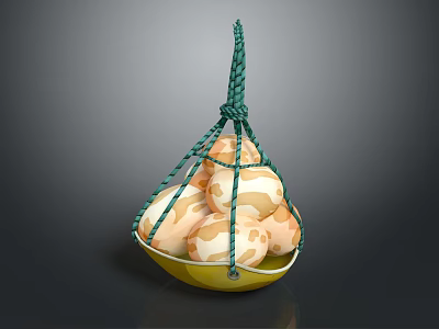 White Eggs With Brown Spots In Yellow Basket Hanging By Green Rope 3d model