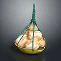 White Eggs With Brown Spots In Yellow Basket Hanging By Green Rope