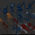 Industrial Equipment With Different Colored Cranes Mechanical Structures And Containers