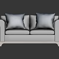 Modern Brown Leather Two Seater Sofa with Blue Cushions and Wooden Legs