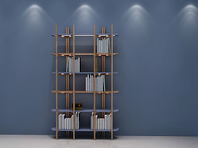 Modern Bookcase With Metal Frame Multiple Shelves Books And Lighting On Blue Wall 3d model