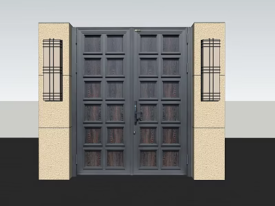 Stylish Double Entrance Door With Lattice Windows Flanked By Stone Pillars And Light Fixtures 3d model