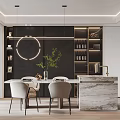 Modern Restaurant Interior Design With Open Layout Dining Table Chairs Pendant Lights And Marble Countertop