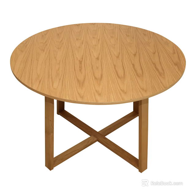 Round Wooden Dining Table With Natural Wood Grain Surface And Crossed Legs Design 3d model 