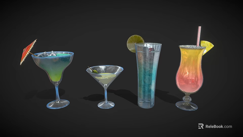 Colorful Cocktail Drinks in Various Glasses with Lime Olive Lemon and Straw Garnishes 3d model 