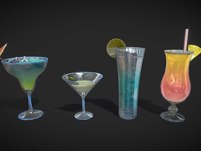 Colorful Cocktail Drinks in Various Glasses with Lime Olive Lemon and Straw Garnishes 3d model