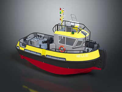 Wooden Boat Featuring Yellow Red Hull Cabin Deck With Railing Lifebuoy And Number 42312 3d model