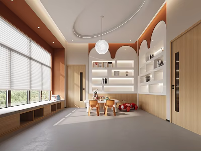 Modern School Classroom With Large Windows Bookshelves Tables And Toys 3d model